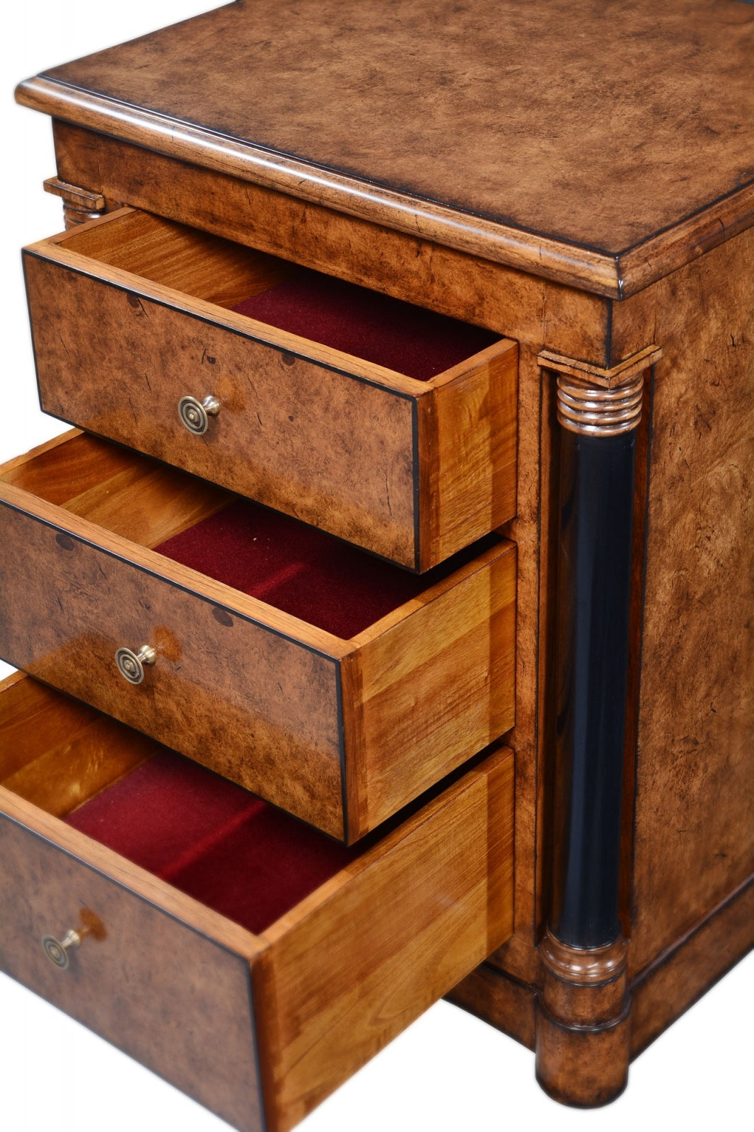 Empire bedside chest of drawers - burr oak with black columns