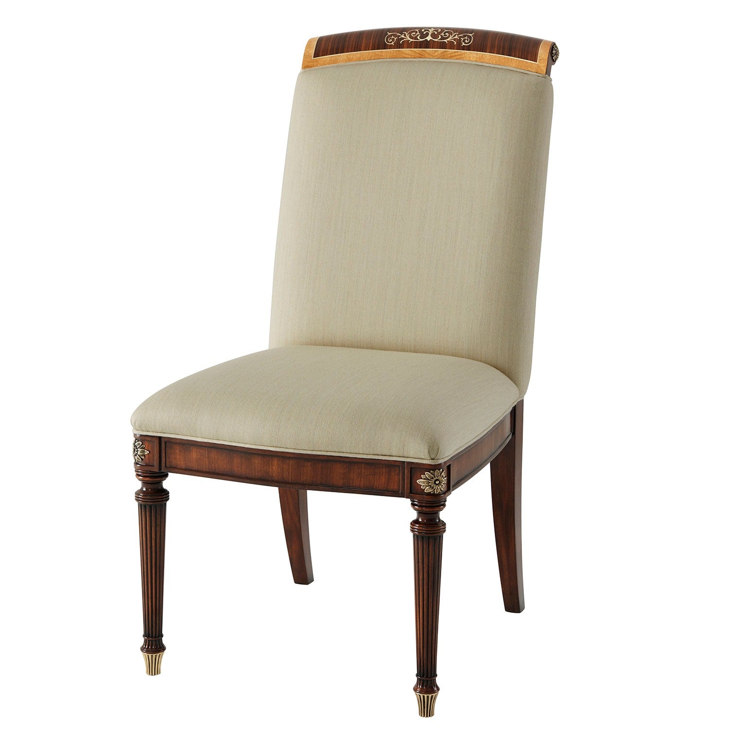 Upholstered Side Chair with Floral Brass Inlay