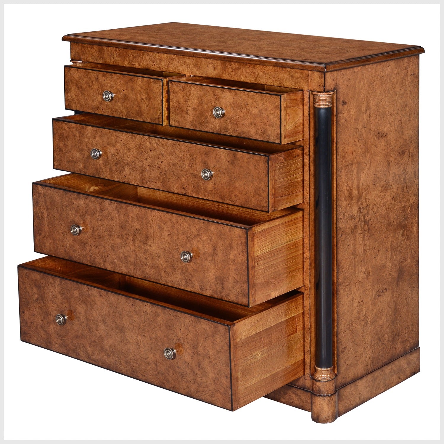 Empire chest of 5 drawers - burr oak with ebony