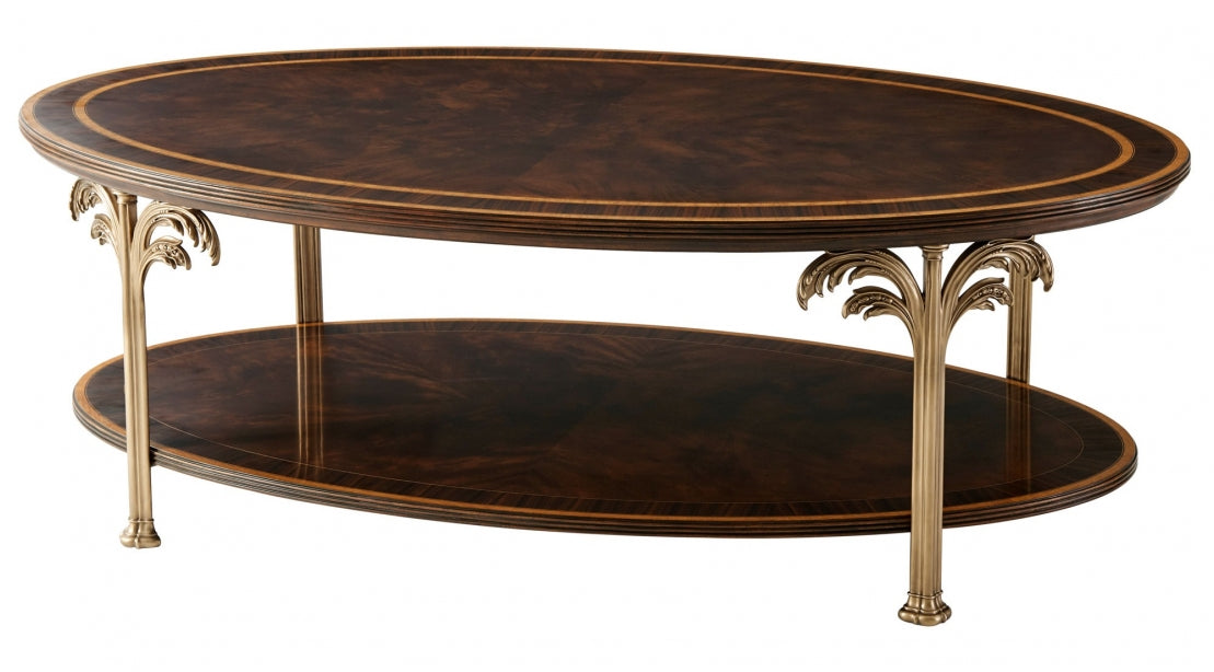 Finely Detailed Flame Mahogany Cocktail Table with Palm Tree Accents