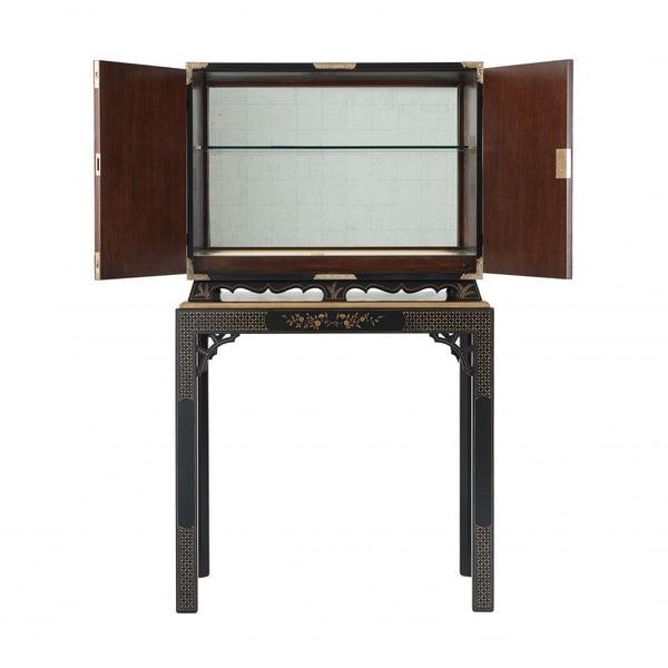 Black Lacquered Chinoiserie Bar or Drinks Cabinet with Hand-Painted Chinese Decoration
