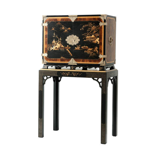 Black Lacquered Chinoiserie Bar or Drinks Cabinet with Hand-Painted Chinese Decoration