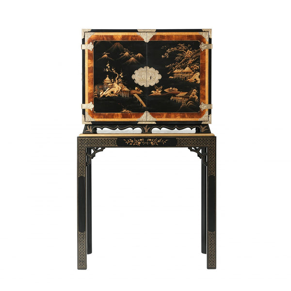 Black Lacquered Chinoiserie Bar or Drinks Cabinet with Hand-Painted Chinese Decoration
