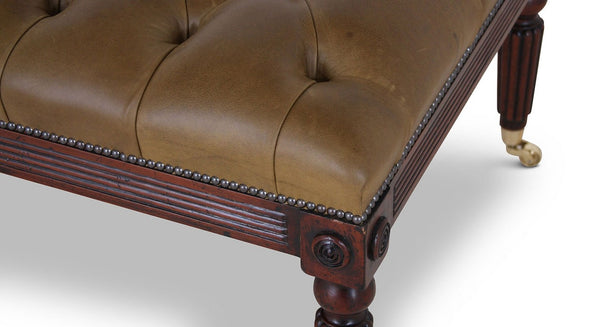 Mahogany buttoned olive leather stool - small