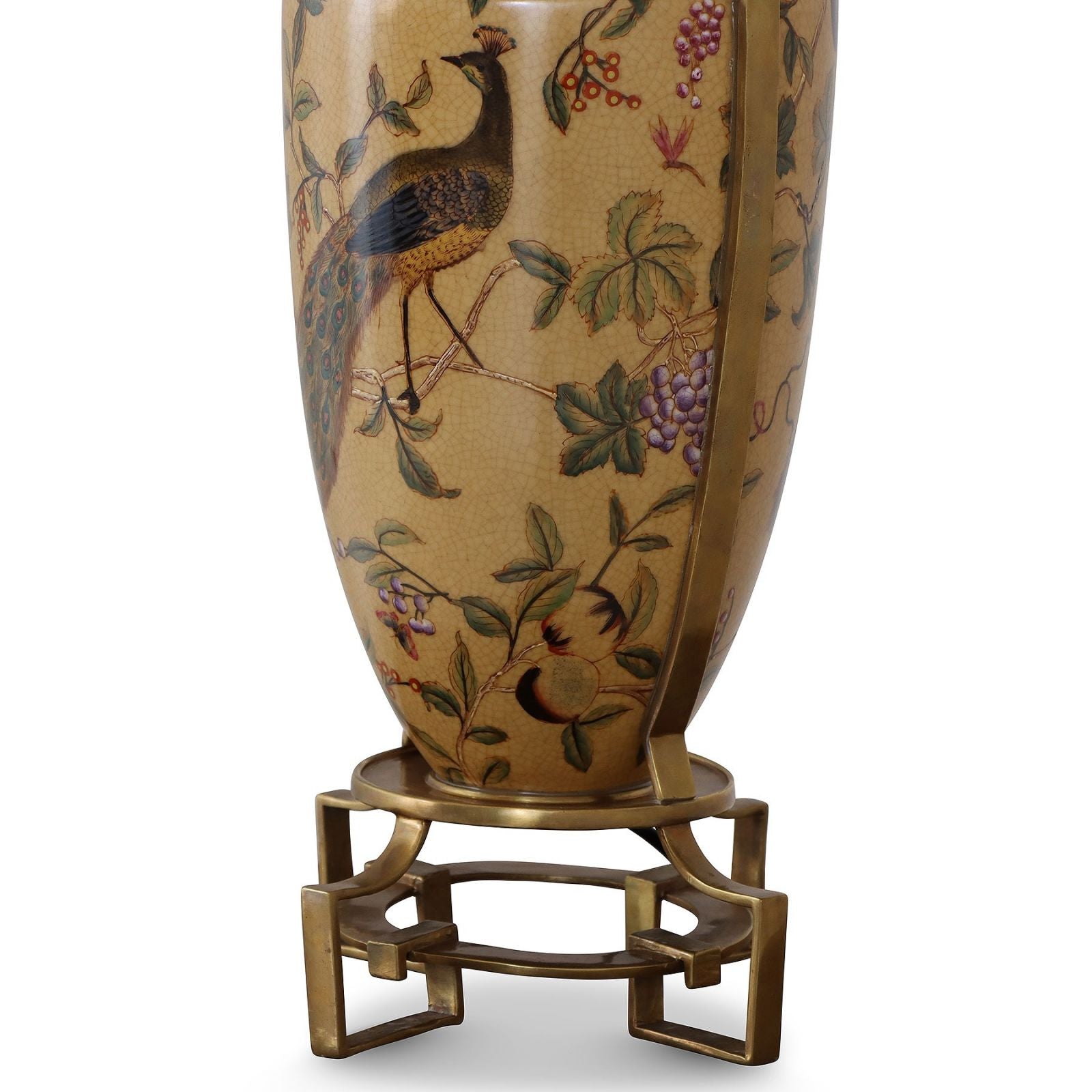 Porcelain vase table lamp with hand painted peacock and floral design