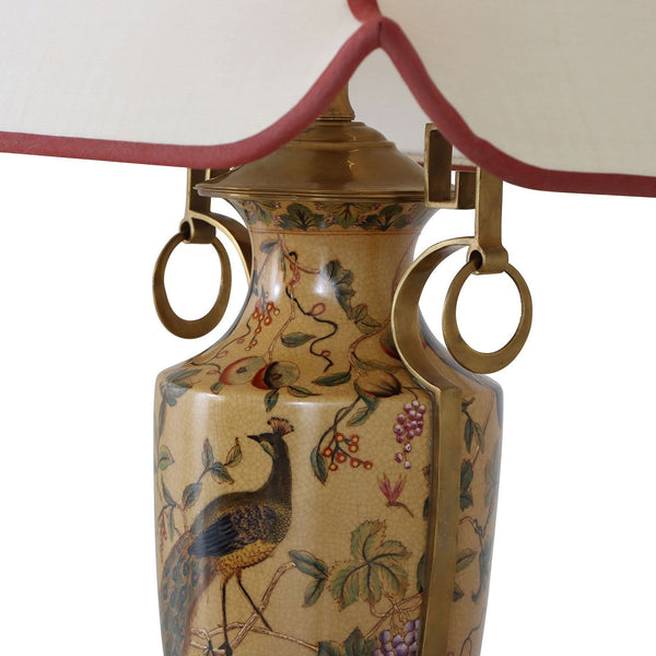 Porcelain vase table lamp with hand painted peacock and floral design