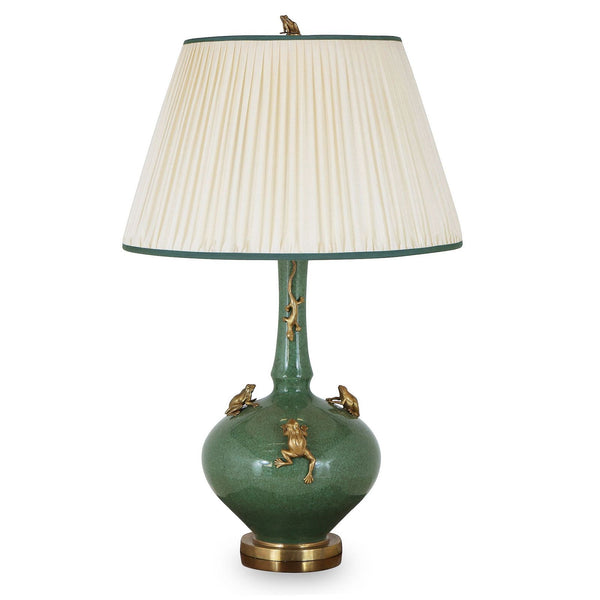 Green porcelain table lamp with brass frogs