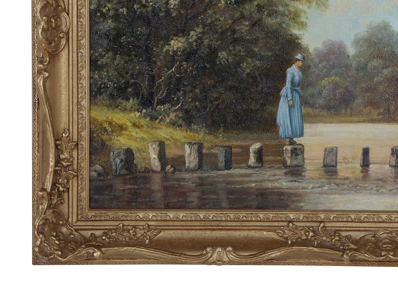 Stepping stones at Ambleside 1888 original oil painting