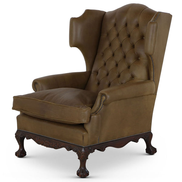 Dryden traditional buttoned leather wing chair - Olive green