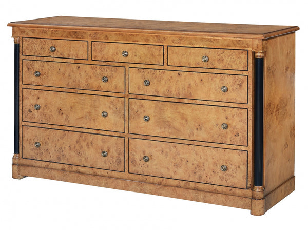 Empire chest of 9 drawers - honey burr oak with ebony