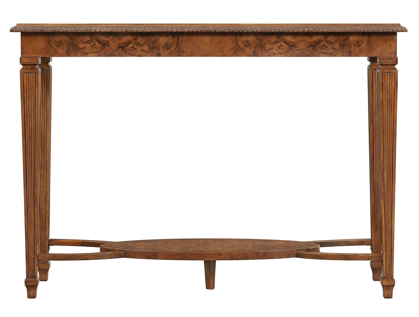 Burr walnut console table with glass top