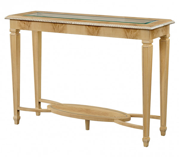 Crotch sycamore console table with glass top