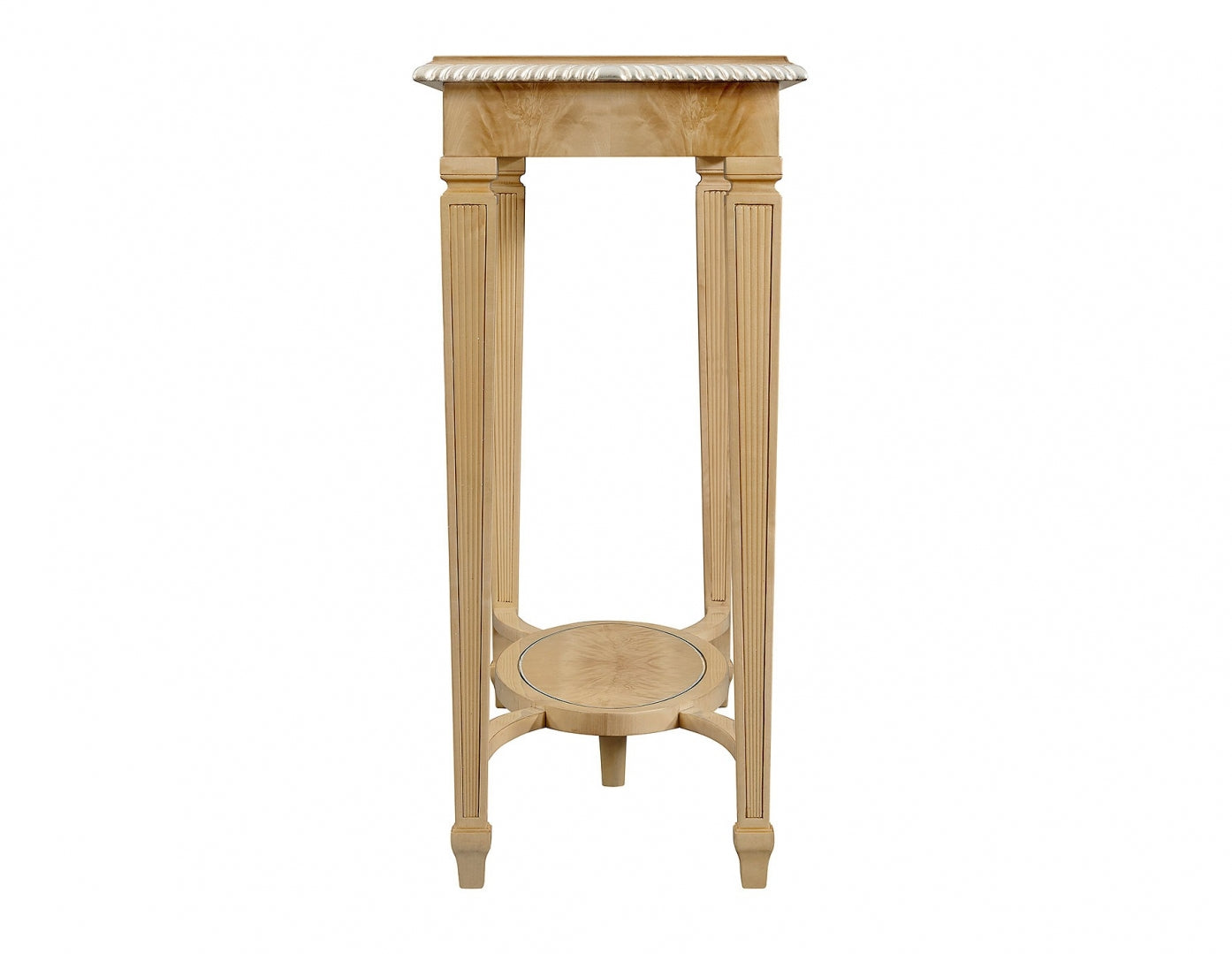 Crotch sycamore console table with glass top