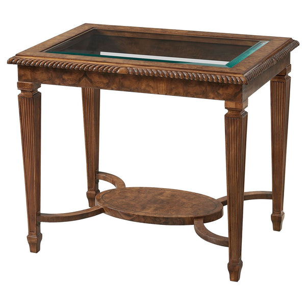 Burr walnut side or lamp table with glass top