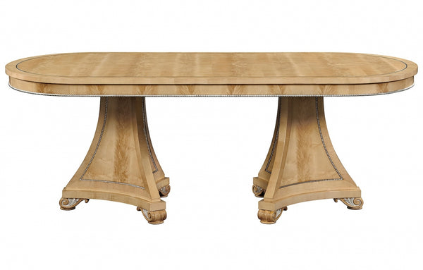 Robert Adam style twin pedestal crotch sycamore dining table