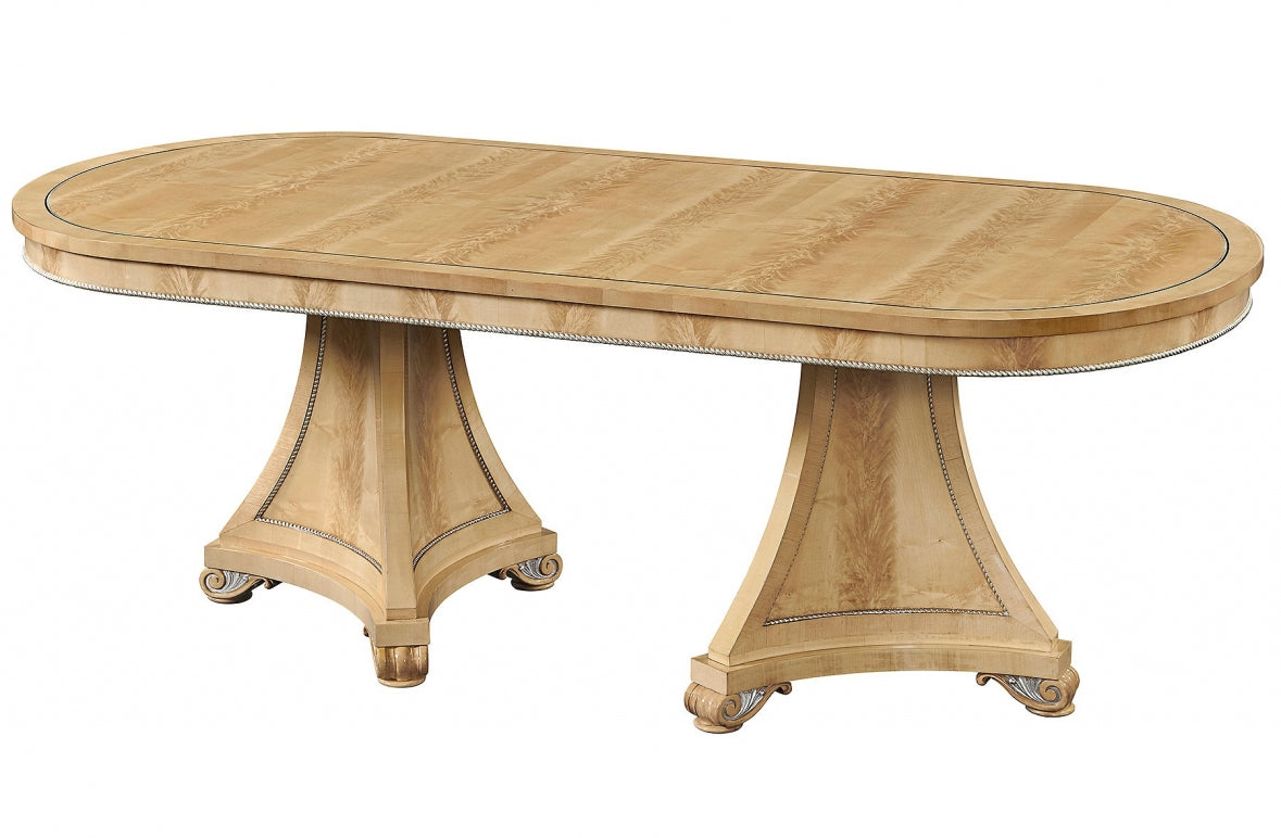 Robert Adam style twin pedestal crotch sycamore dining table