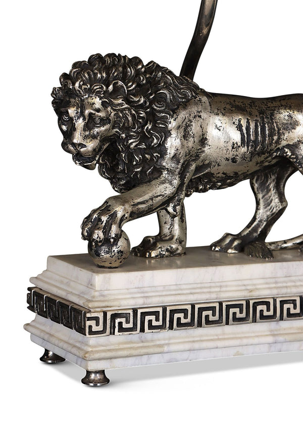 Silvered Athenian Lion Lamp on White Marble base