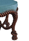 Mahogany ropework circular stool with blue velvet seat