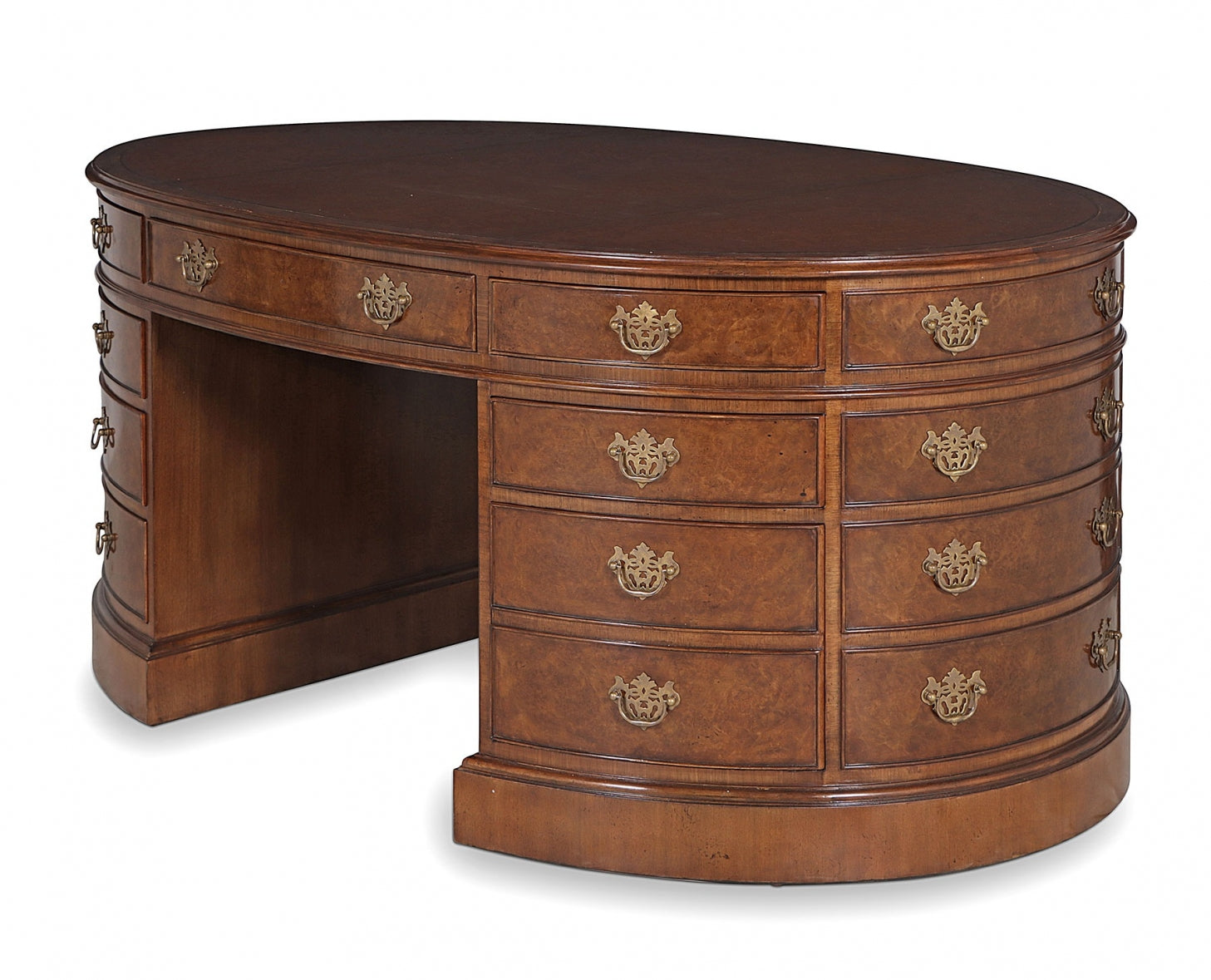 Burr walnut oval partners pedestal desk