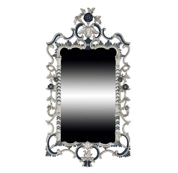 MAHOGANY WALL MIRROR WATER GILDED IN 13 CARAT WHITE GOLD LEAF